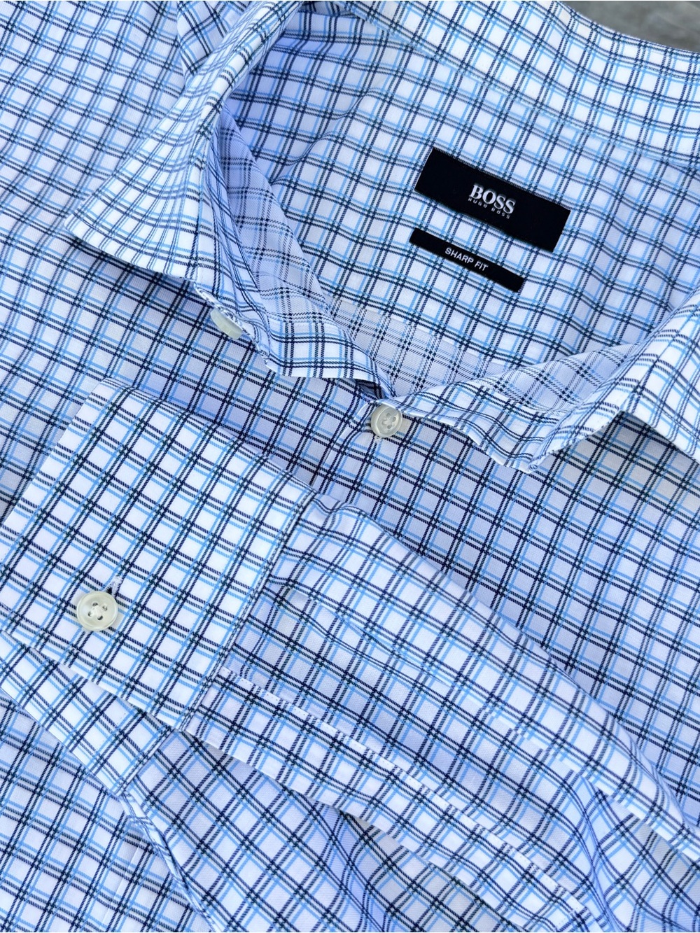 Hugo Boss Sharp Fit Blue White Plaid Dress Shirt Button Up 17 32/33 Long Sleeve
